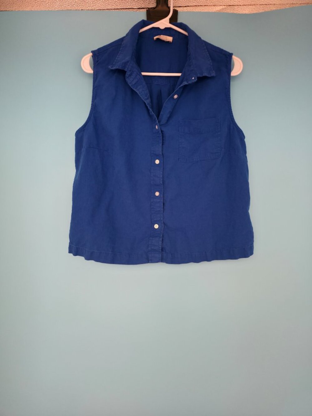 LOFT Outlet Top Size Large Sleeveless Blue Button Collard Linen Blend